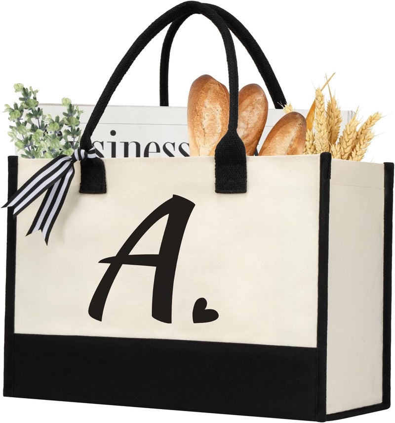 shenee Initial Canvas Tote Bag, Personalized Beach Jute Bag Present for Women Holiday,Friends Birthday Gift,Wedding, New Year - Image 1